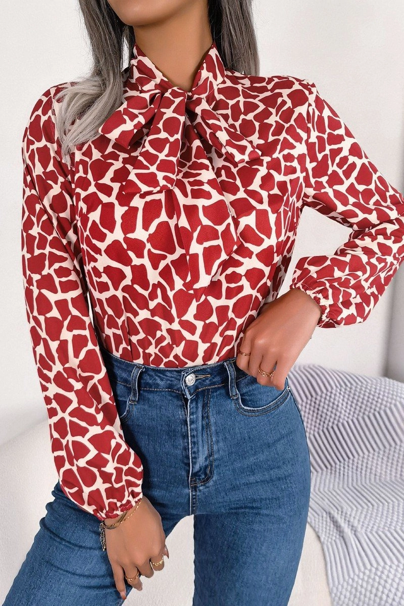 Recycled Polyester AbrasionResistant Finish WOMEN LEOAPRD PATTERN TIED NECK OFFICE BLOUSE