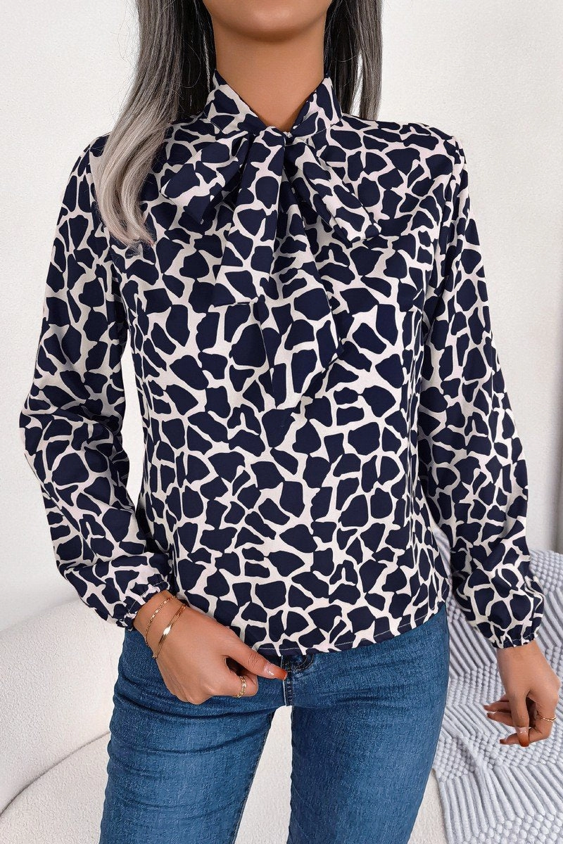 WOMEN LEOAPRD PATTERN TIED NECK OFFICE BLOUSE Durable Overlock Stitch Cold Weather