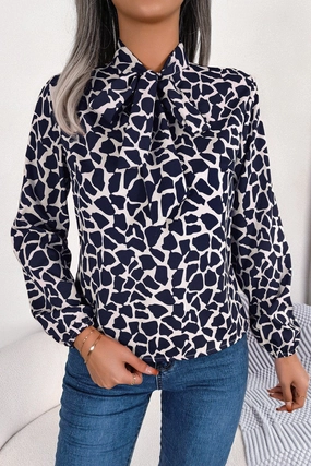 WOMEN LEOAPRD PATTERN TIED NECK OFFICE BLOUSE summer top