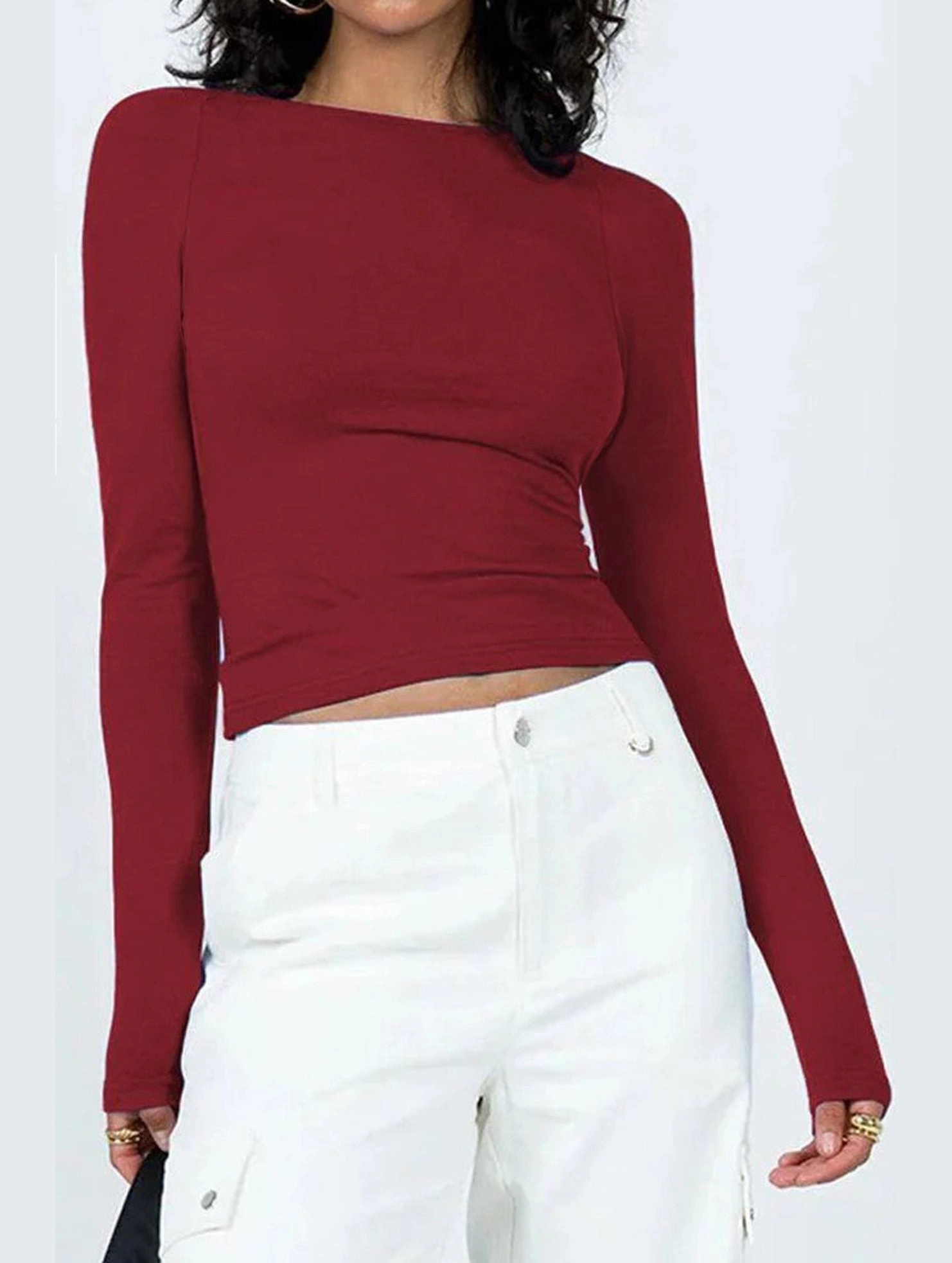 WOMEN LONG SLEEVE BACKLESS TIGHT T SHIRT Convertible Neckline