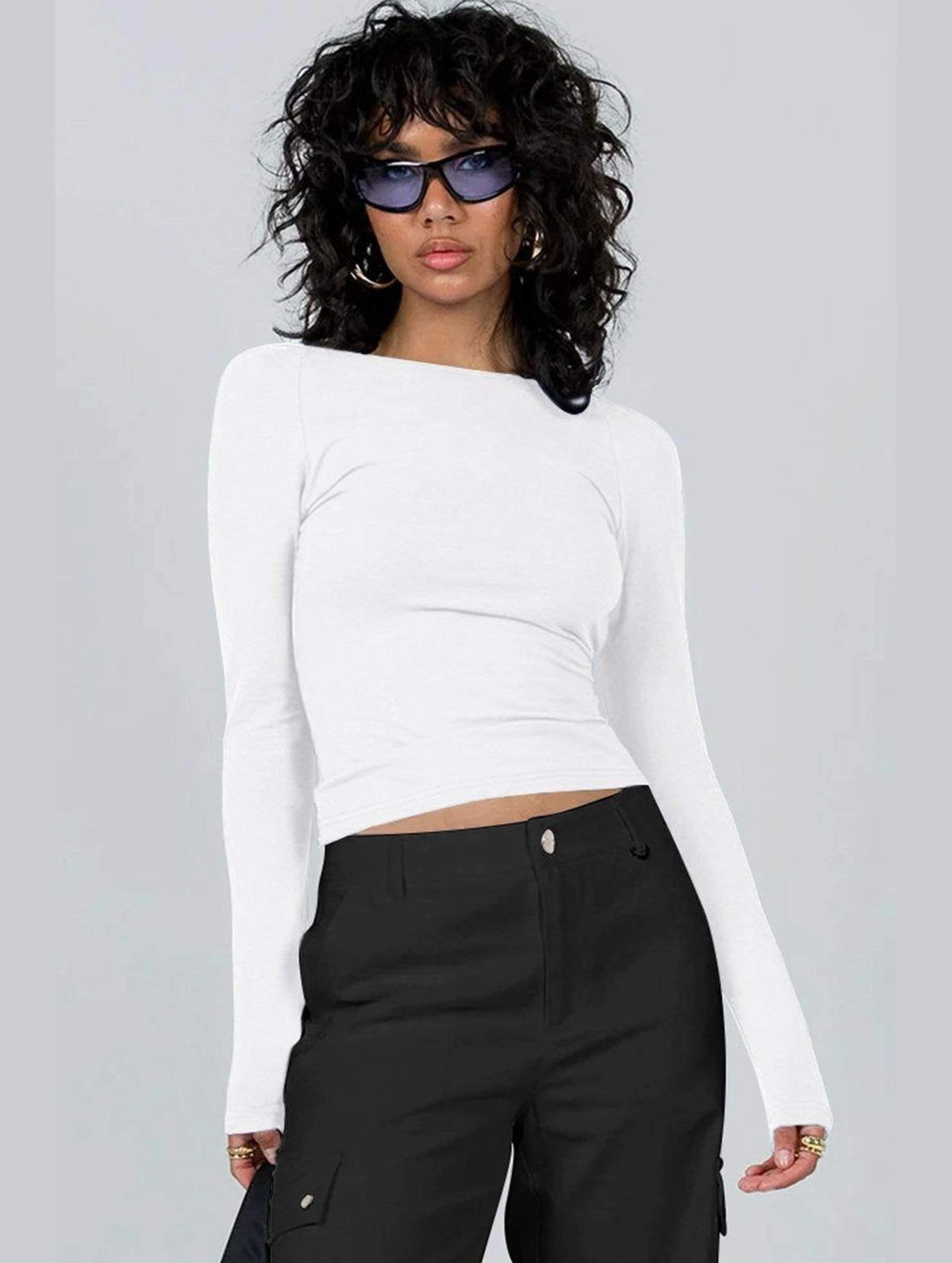 Asymmetrical hem WOMEN LONG SLEEVE BACKLESS TIGHT T SHIRT