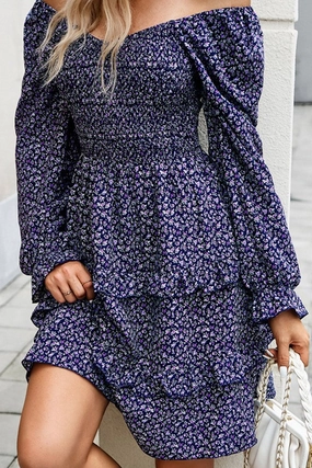 WOMEN LONG SLEEVE RUFFLE TIRED FLORAL FLOWY DRESS Cozy Wear Subtle Texture