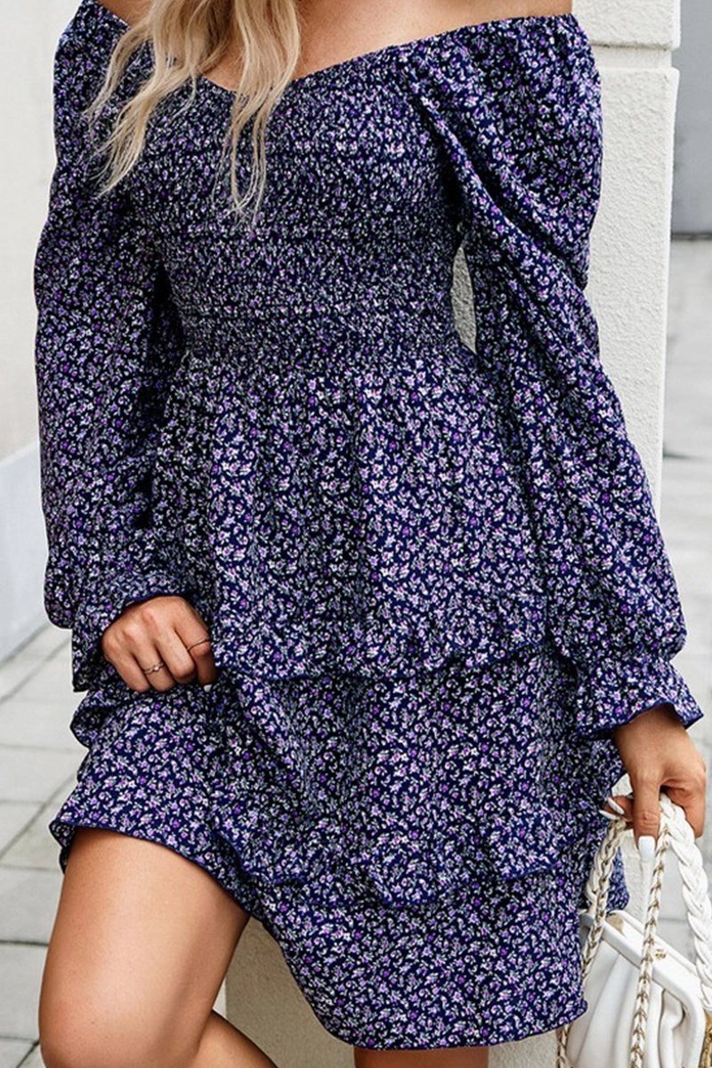 Floral Comfort Stylish Feel WOMEN LONG SLEEVE RUFFLE TIRED FLORAL FLOWY DRESS