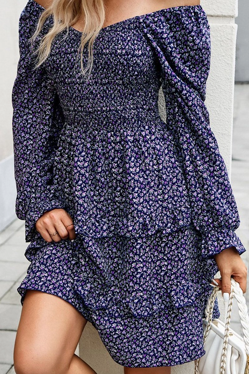 Street Flex WOMEN LONG SLEEVE RUFFLE TIRED FLORAL FLOWY DRESS