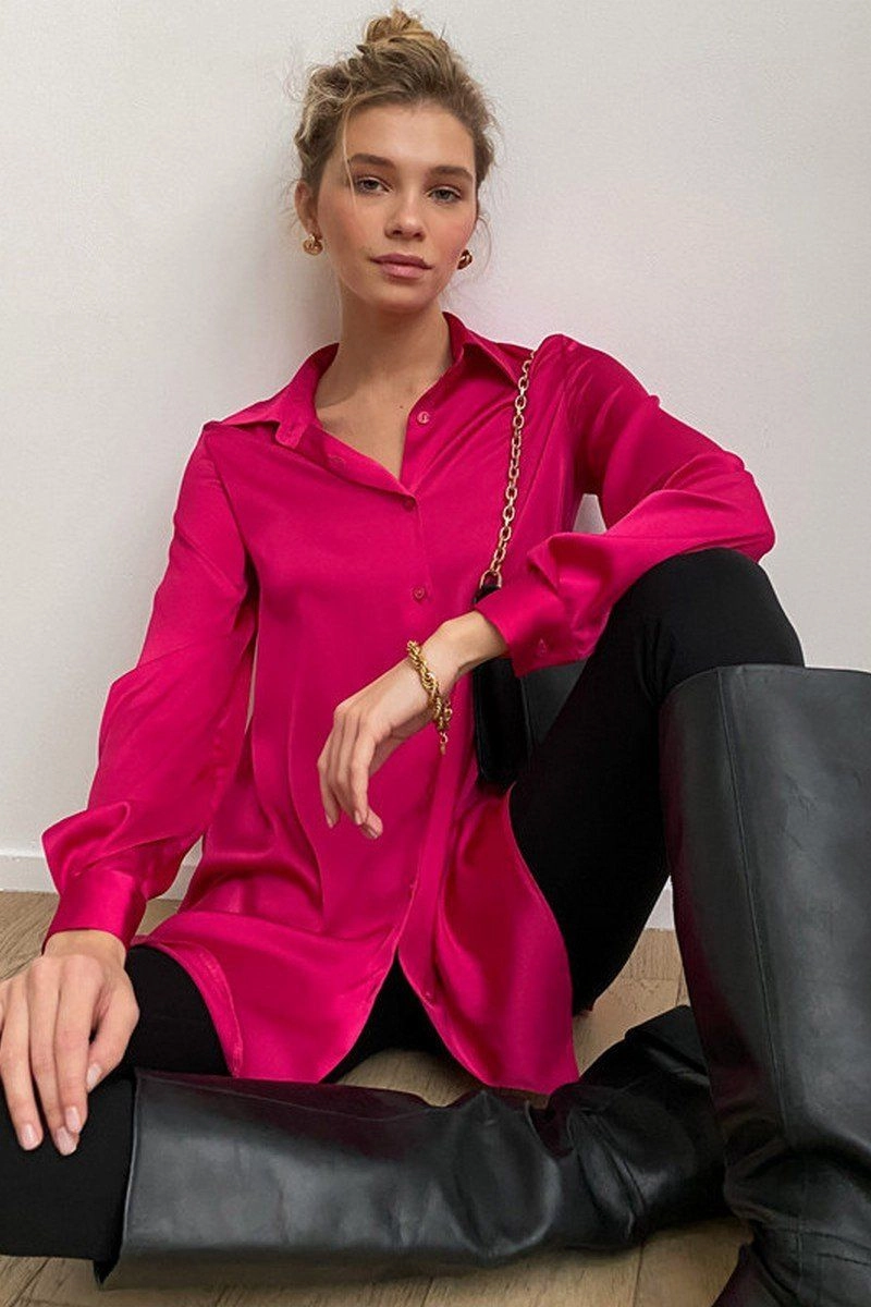 WOMEN LONG SLEEVED SATIN BUTTON UP SHIRTS Daily Wear