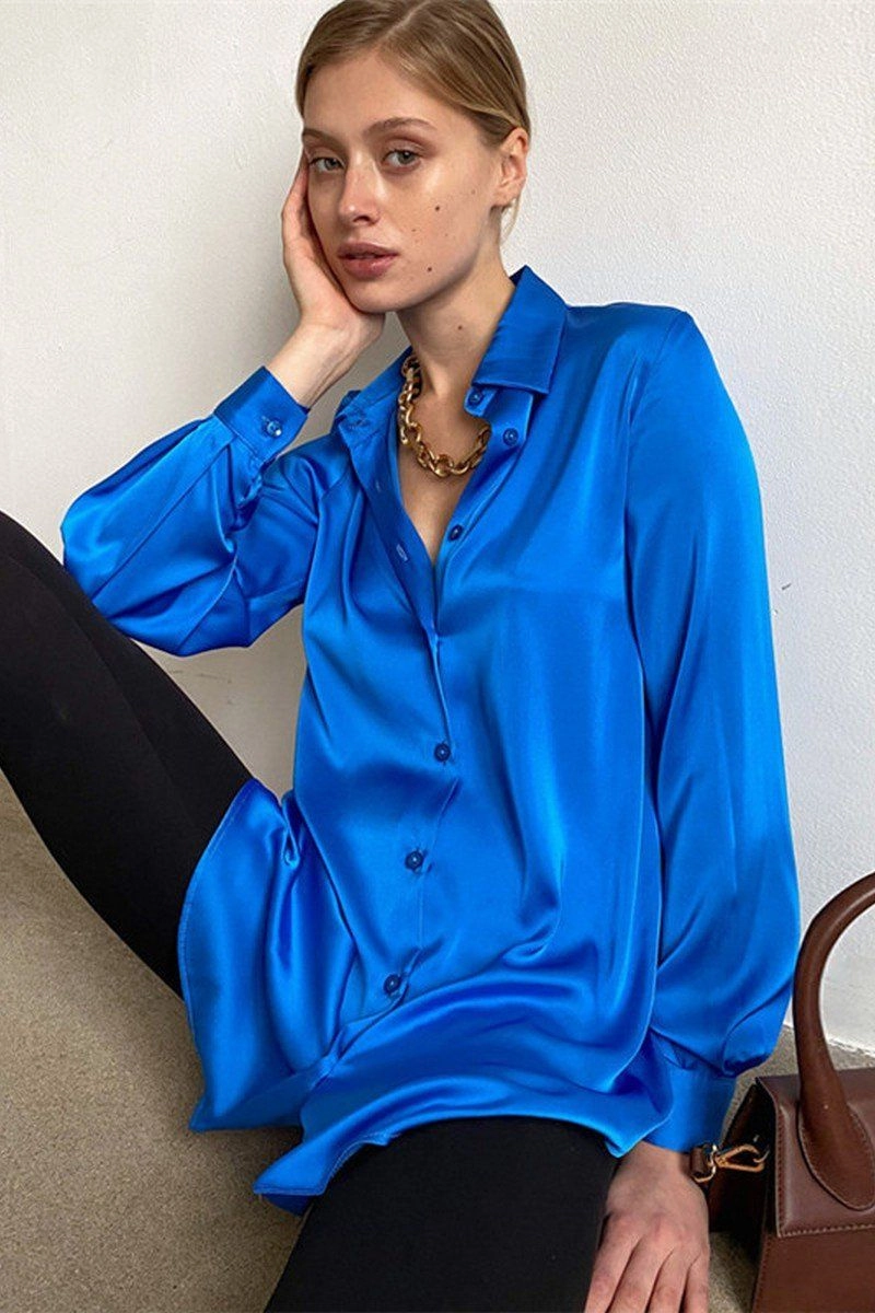 Subtle Texture Weave MinimalistAesthetic WOMEN LONG SLEEVED SATIN BUTTON UP SHIRTS