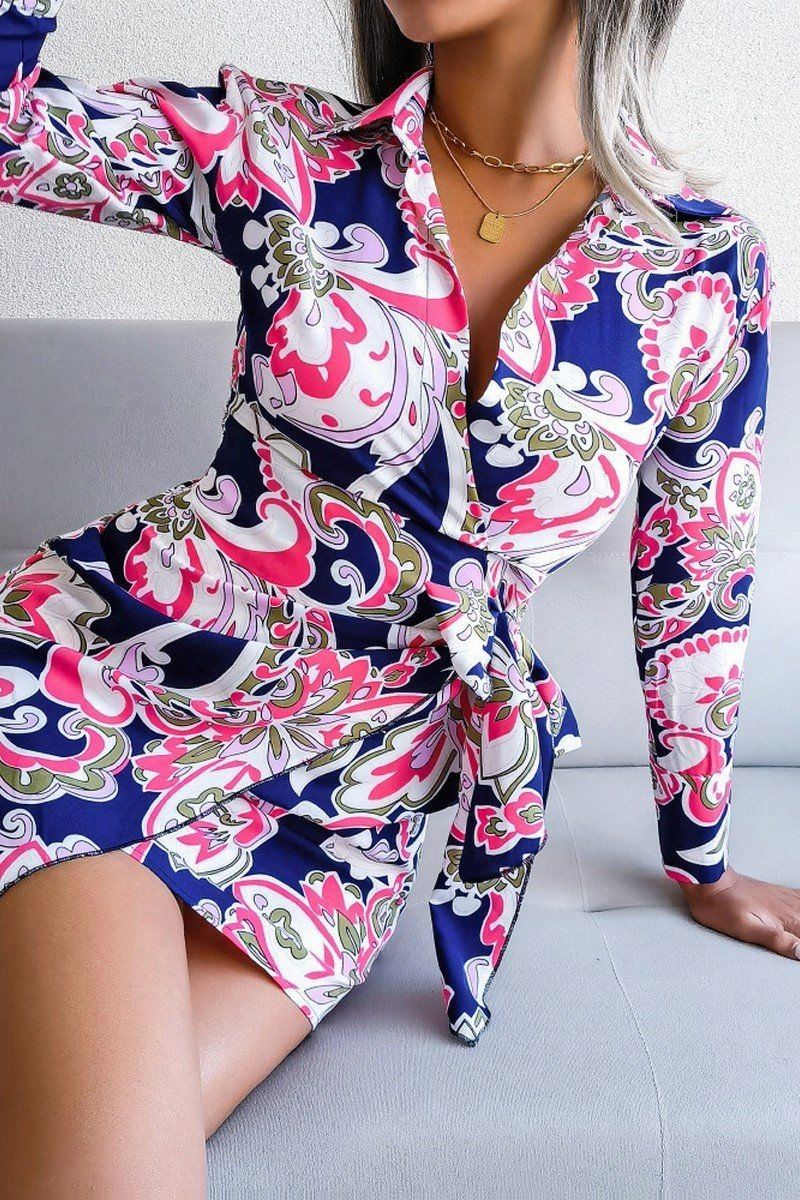 WOMEN LONGSLEEVE PRINTED LACE UP SHIRT DRESS Layer Light