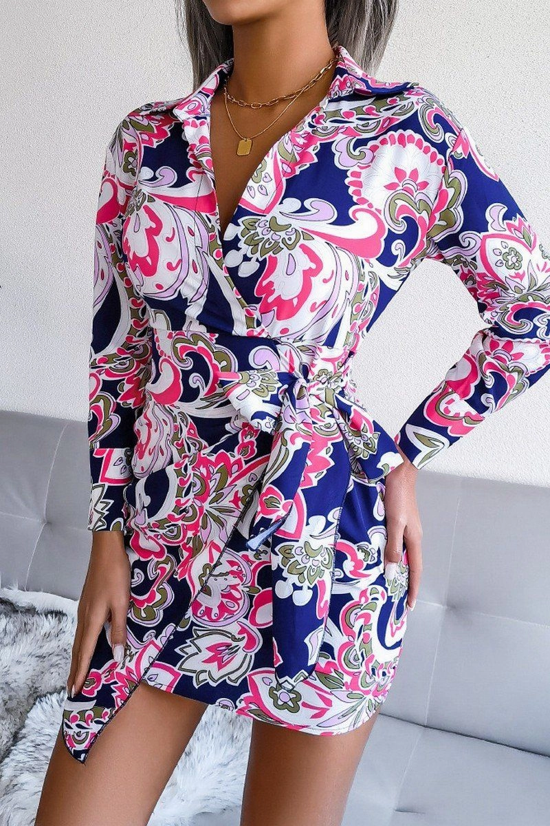 WOMEN LONGSLEEVE PRINTED LACE UP SHIRT DRESS Resort-Wear Dreamy Motion