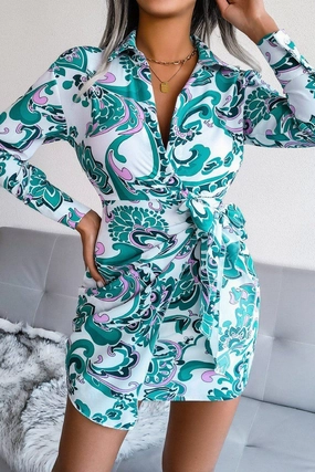 WOMEN LONGSLEEVE PRINTED LACE UP SHIRT DRESS Effortless Pair