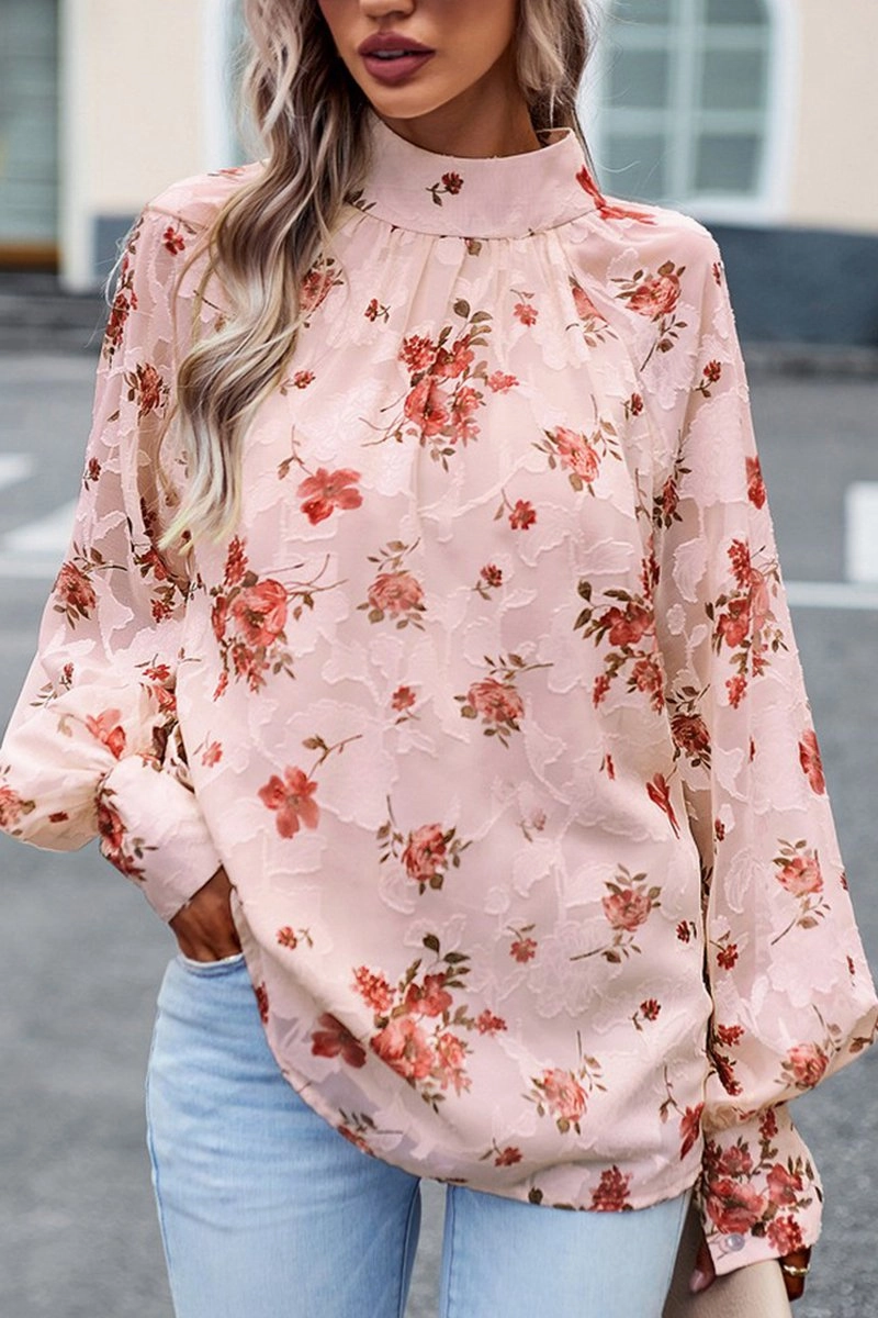 MeshPanel WOMEN LOOSE FIT HIGH NECK FLORAL PRINTING BLOUSE