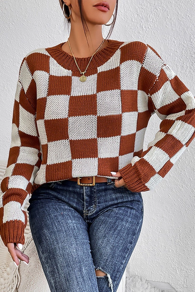 WOMEN LOOSE FIT RIBBED PLAID PATTERN KNIT SWEATER PreShrunk Fabric