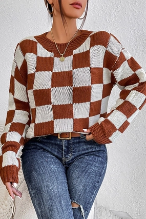 WOMEN LOOSE FIT RIBBED PLAID PATTERN KNIT SWEATER PreShrunk Fabric