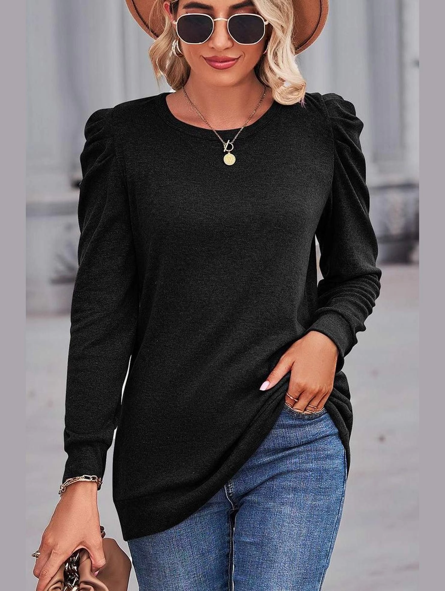 Professional Look Light Fabric WOMEN LOOSE FIT SHIRRED PUFF SLEEVE PULLOVER TOP