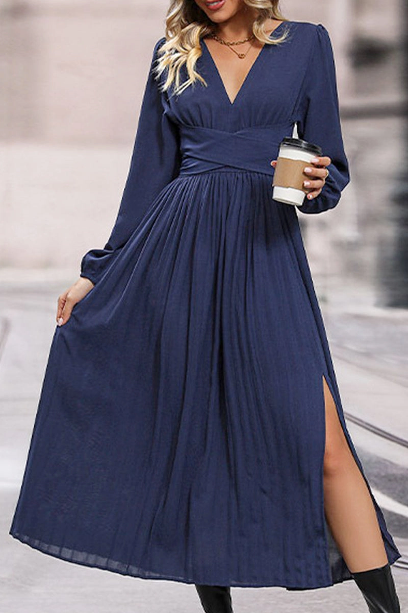 Timeless Cut WOMEN LOOSE FIT V NECK LONG SLEEVE SLIT DRESS