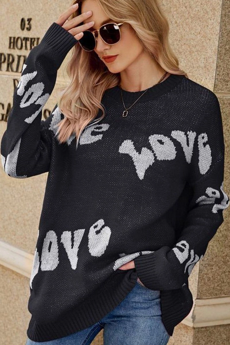 HiddenStoragePocket ElasticEdgeBinding WOMEN LOVE PRINTING OVERSIZED CASUAL SWEATER