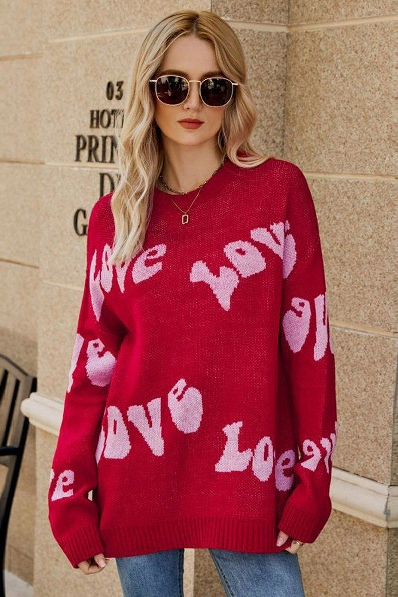 WOMEN LOVE PRINTING OVERSIZED CASUAL SWEATER Wrinkle Resistant Treatment Layered Sleeve