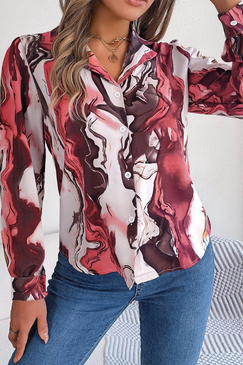 NonToxicCoating ContouredPanels WOMEN MARBLE PATTERNED BUTTON DOWN OFFICE BLOUSE