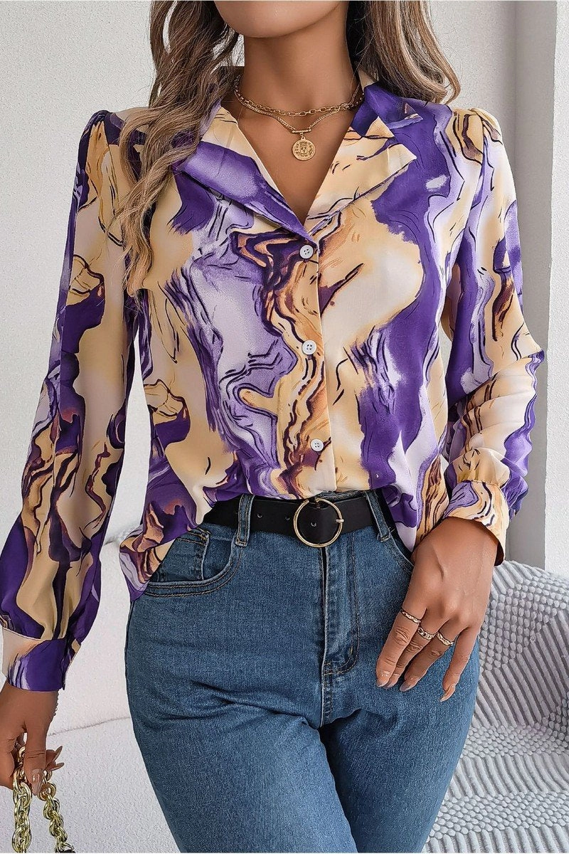 Versatile Base Layer WOMEN MARBLE PATTERNED BUTTON DOWN OFFICE BLOUSE