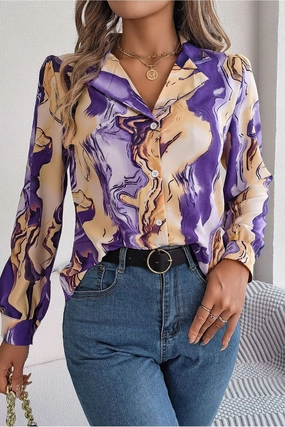 WOMEN MARBLE PATTERNED BUTTON DOWN OFFICE BLOUSE Durable Reinforced Elbow Patches Easy to Wear