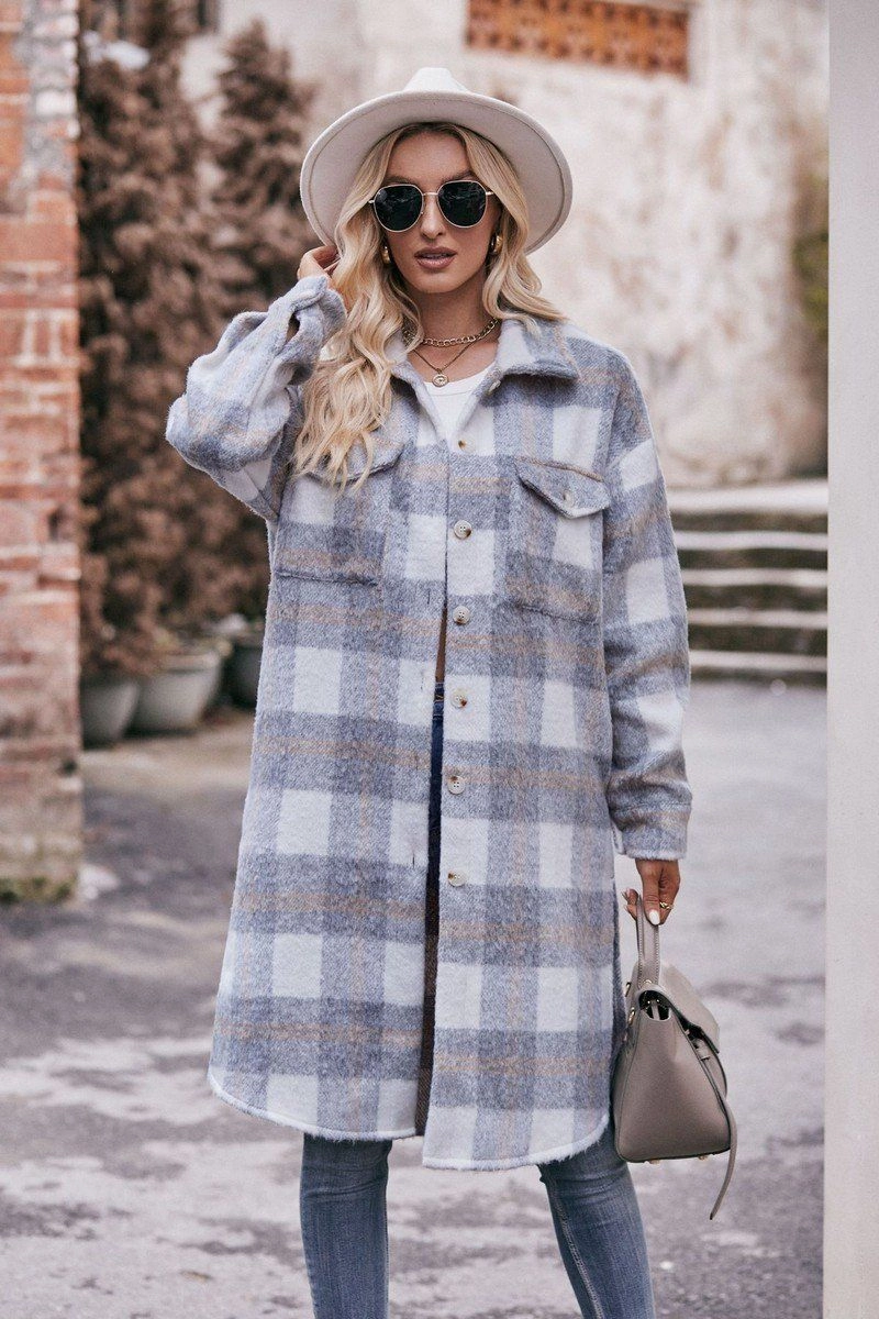 Self Cleaning Coating WOMEN OVERSIZED KNEE LENGTH PLAID COAT