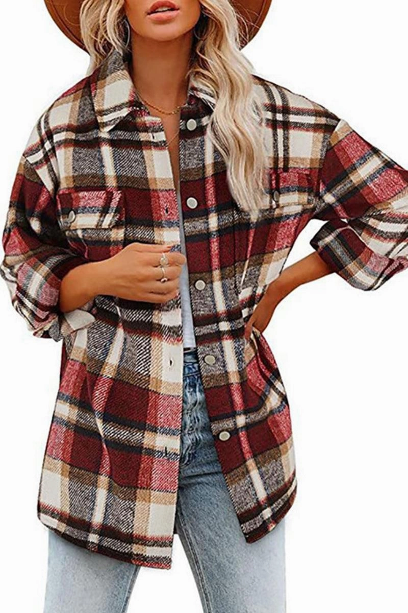 WOMEN OVERSIZED PLAID PATTERN LONG SHACKET Reinforced Elbow Patches Layered Look