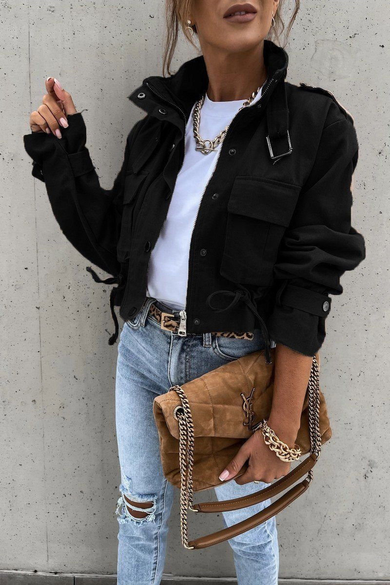 AthleisureInspired WOMEN OVERSIZED POCKET MOTORCYCLE JACKET SHORT TOP100% POLYESTERSIZE S(2)-M(2)-L(2)-XL(2)MADE IN CHINA