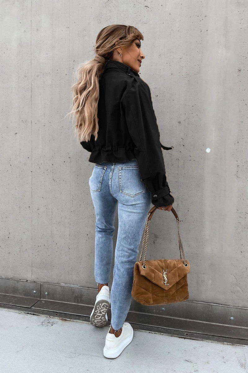 Temperature Control Fabric WOMEN OVERSIZED POCKET MOTORCYCLE JACKET SHORT TOP100% POLYESTERSIZE S(2)-M(2)-L(2)-XL(2)MADE IN CHINA