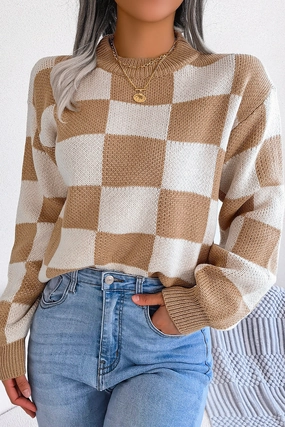 Moisture Management Fabric Ventilated Back Panels WOMEN PATCHWORK PATTERN LOOSE FIT KNITTED SWEATER