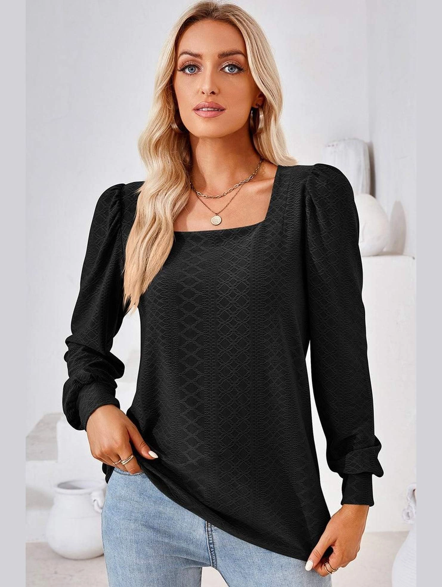 WOMEN PATTERN STITCHED SQUARE NECK PUFF SLEEVE TOP Laser Cut Edges