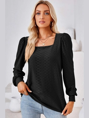 WOMEN PATTERN STITCHED SQUARE NECK PUFF SLEEVE TOP Laser Cut Edges
