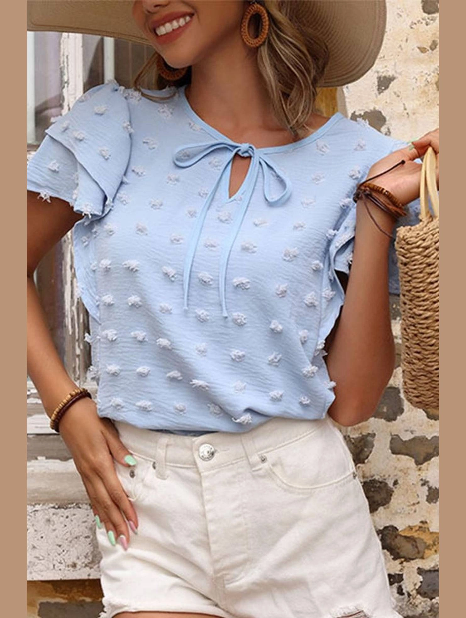 FourWayStretchFabric WrinkleResistant Fabric WOMEN PETAL SLEEVE SWISS DOT BLUE TEE