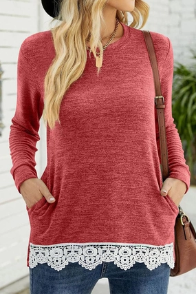 WOMEN ROUND NECK LACED HEM DETAILED PULLOVER TOP SweatGuard Lining