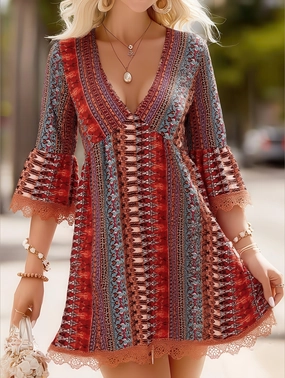 Women's V-Neck Ethnic Print Loose Short Dress ??Bohemian Summer Casual Dress Crisp Detail Elegant Appearance