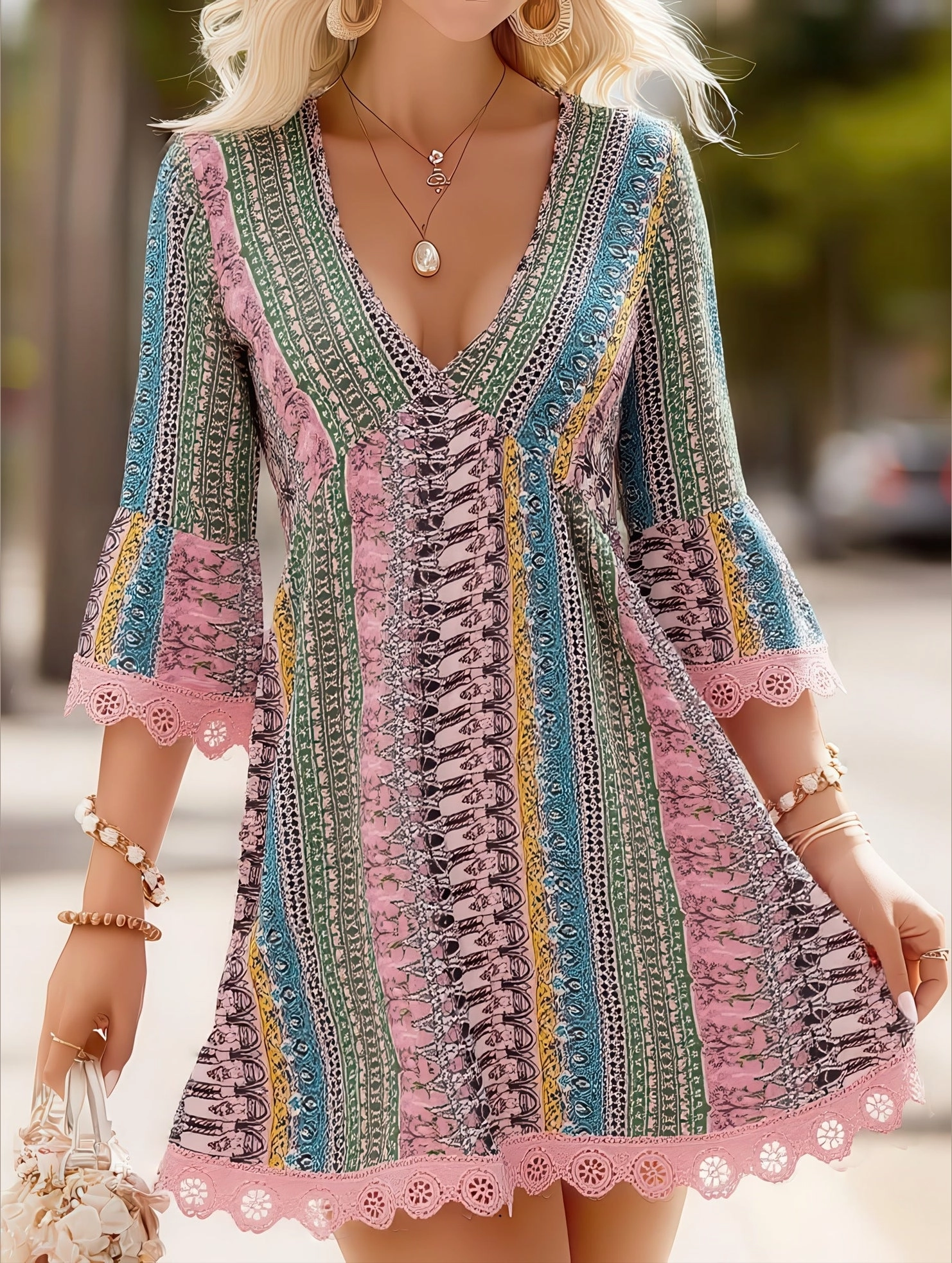 Work Ready Women's V-Neck Ethnic Print Loose Short Dress ??Bohemian Summer Casual Dress