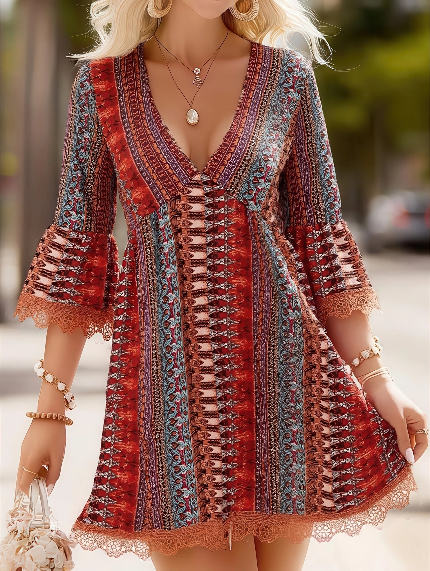 Women's V-Neck Ethnic Print Loose Short Dress ??Bohemian Summer Casual Dress Travel piece