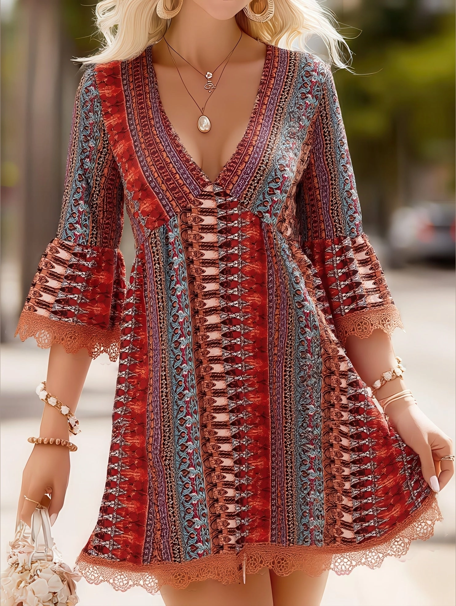 Cozy Layer Body Fit Women's V-Neck Ethnic Print Loose Short Dress ??Bohemian Summer Casual Dress