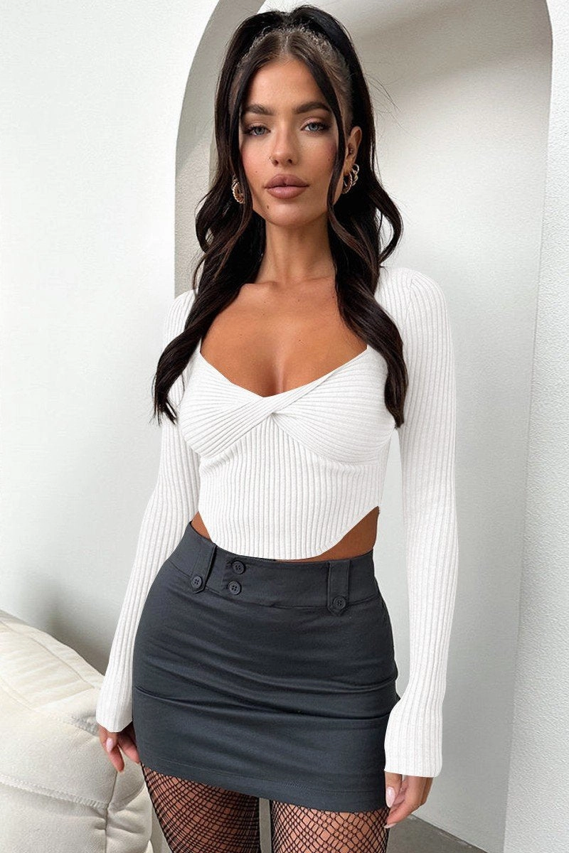 DoubleStitchedSeams WOMEN SEXY DEEP NECK TIGHT LONG SLEEVE CROP TOP