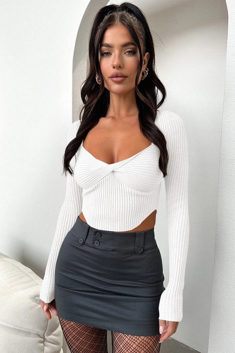 WOMEN SEXY DEEP NECK TIGHT LONG SLEEVE CROP TOP Ultra Soft Texture Temperature Regulating Textile