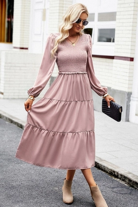Cool Draping Smooth Shape WOMEN SMOCKED LONG SLEEVE TIERED CAKE FLOWY DRESS