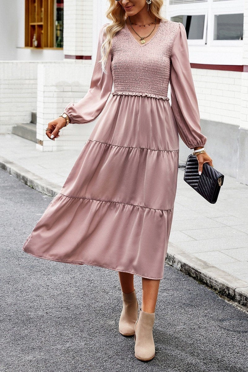 Soft Gradient WOMEN SMOCKED LONG SLEEVE TIERED CAKE FLOWY DRESS