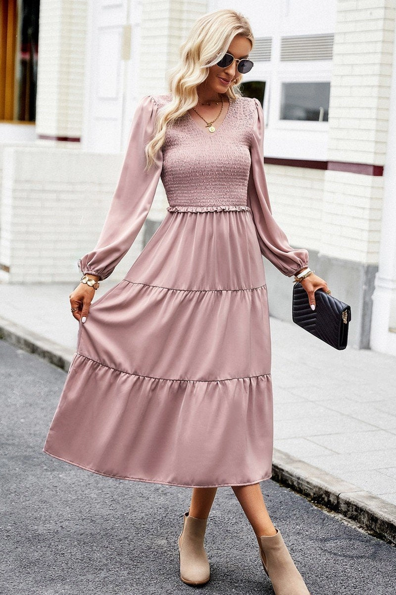 Cool Draping Smooth Shape WOMEN SMOCKED LONG SLEEVE TIERED CAKE FLOWY DRESS