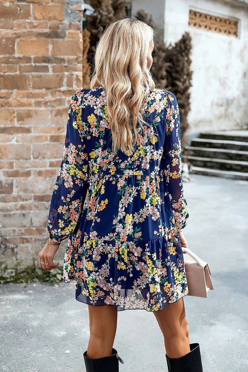 WOMEN SMOCKED NECK FLORAL LONG SLEEVE MINI DRESS Elegance Glow Classic structured dress