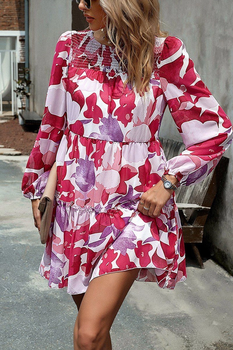 Breezy Fit WOMEN SMOCKED NECK FLORAL LONG SLEEVE MINI DRESS