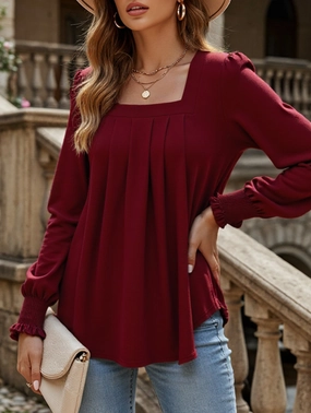 WOMEN SQAURE NECK SHIRRED CUFF LONG SLEEVE BLOUSE EcoCertified Material Abrasion Resistant Surface