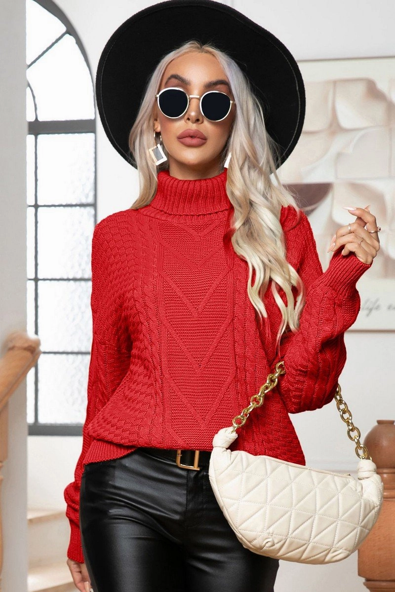 WOMEN TWIST HIGH NECK LOOSE KNIT SWEATER YarnDyedQuality