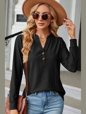 Layered Sleeve AntiPill Surface WOMEN V NECK BUTTON JACQUARD LOOSE FIT TOP