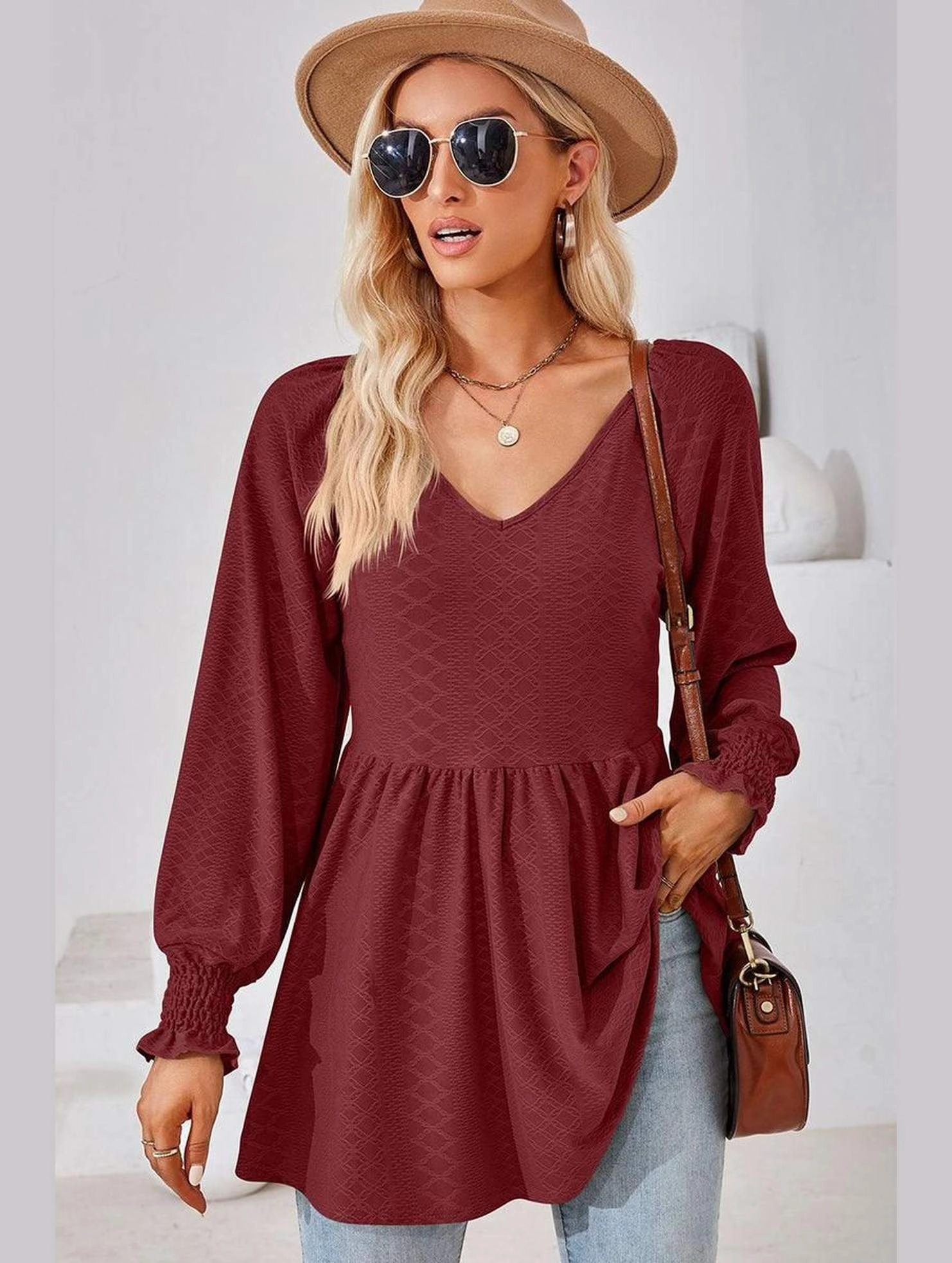 RecycledPolyester WOMEN V NECK PATTERNED RUFFLE SLEEVE TUNIC