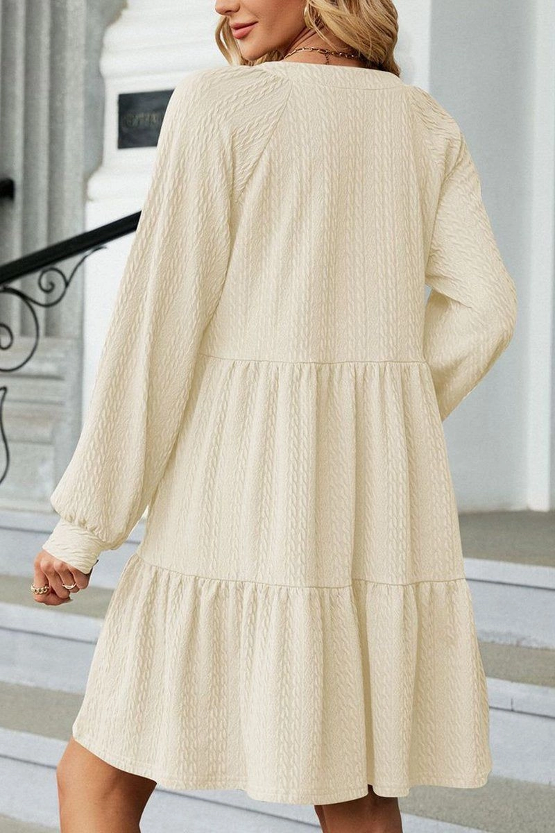 WOMEN V NECK RUFFLED CAKE LONG SLEEVE DRESS Built-In-Slip Work Style