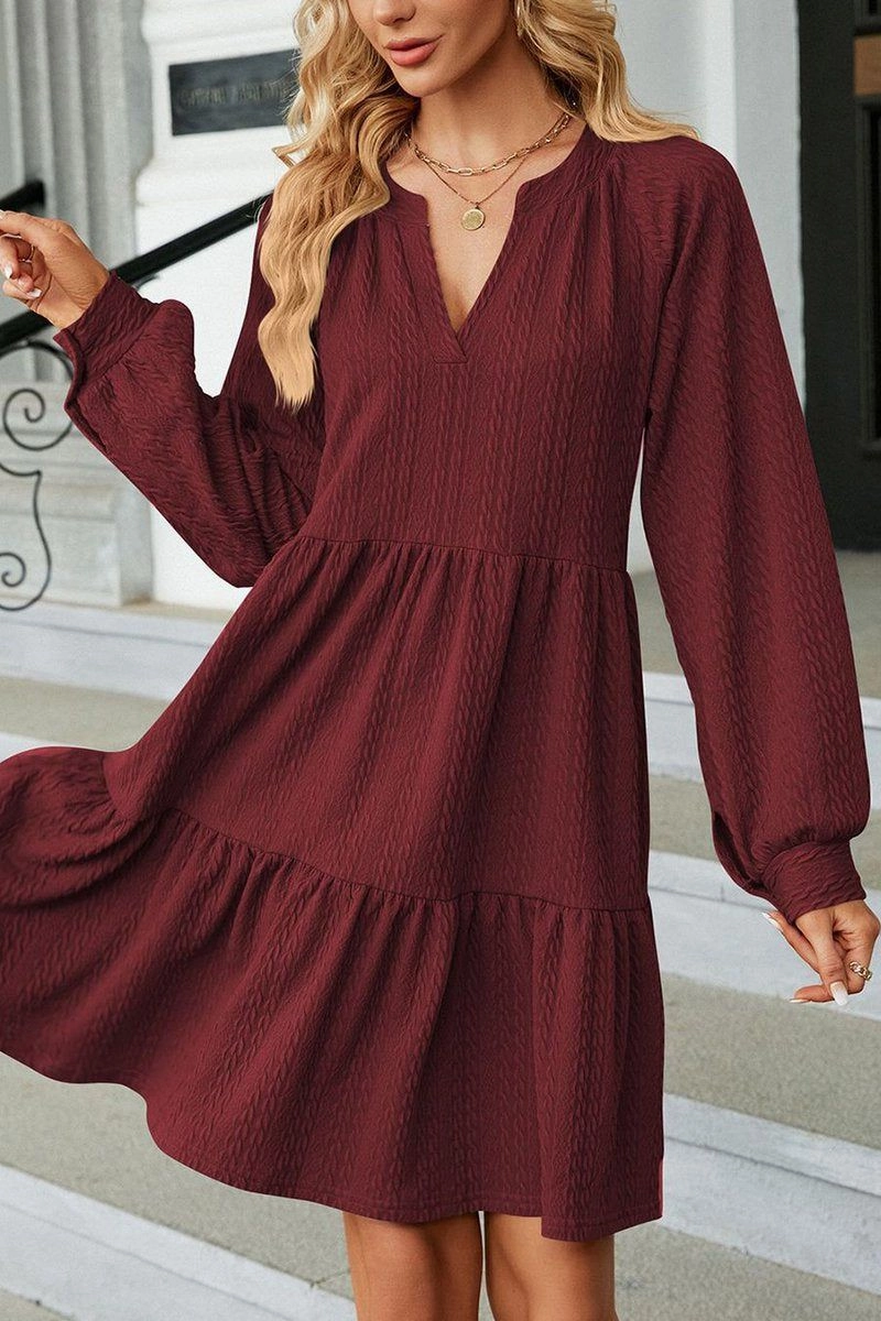 Polished Appearance Travel-friendly WOMEN V NECK RUFFLED CAKE LONG SLEEVE DRESS