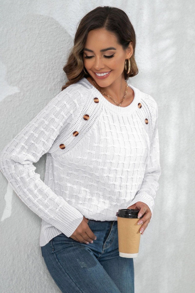 SubtleTexture Cozy Knit WOMEN WAFFLE LONG SLEEVE BUTTON PULLOVER SWEATER